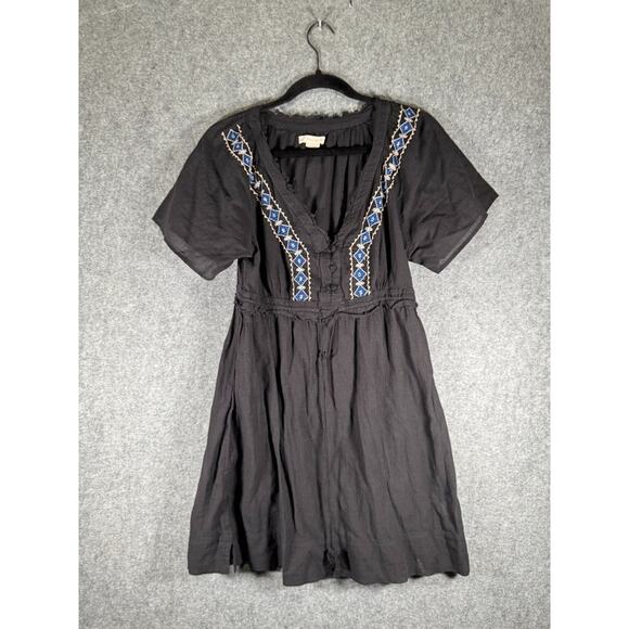 American Eagle Dress Women 8 Black Lightweight Peasant Boho Embroidered Mini‎ - Picture 1 of 8
